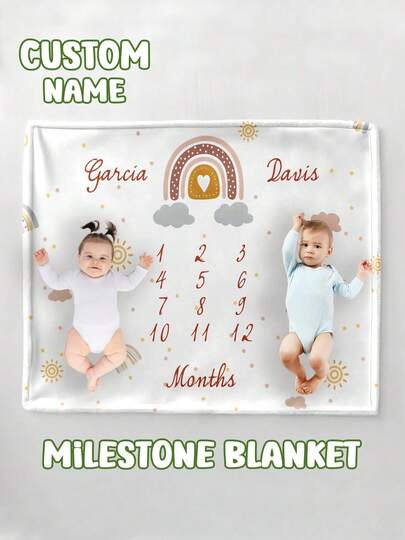 Custom Baby Twins Milestone Blanket, Cartoon Theme Baby Monthly Milestone Blanket, Baby Sports Nursery Blanket, Baby Age Blanket, Baby Calendar Blanket, Cartoon Theme Baby Photo Blanket, Baby Name Blanket