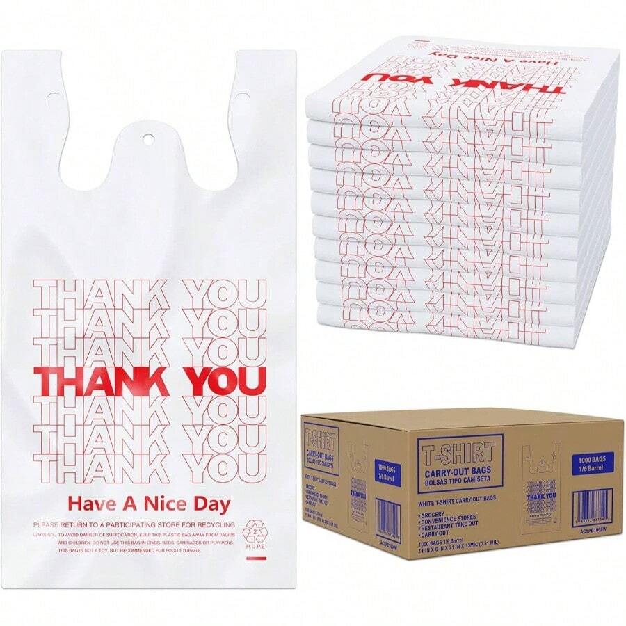 , Thank You - Shirt Bags 1000 Count Plastic - - Shirt Plastic Bags In Bulk - 11x 6x 21 WhiteThank You - Bulk Shopping Bags, Restaurant Bag - 16
