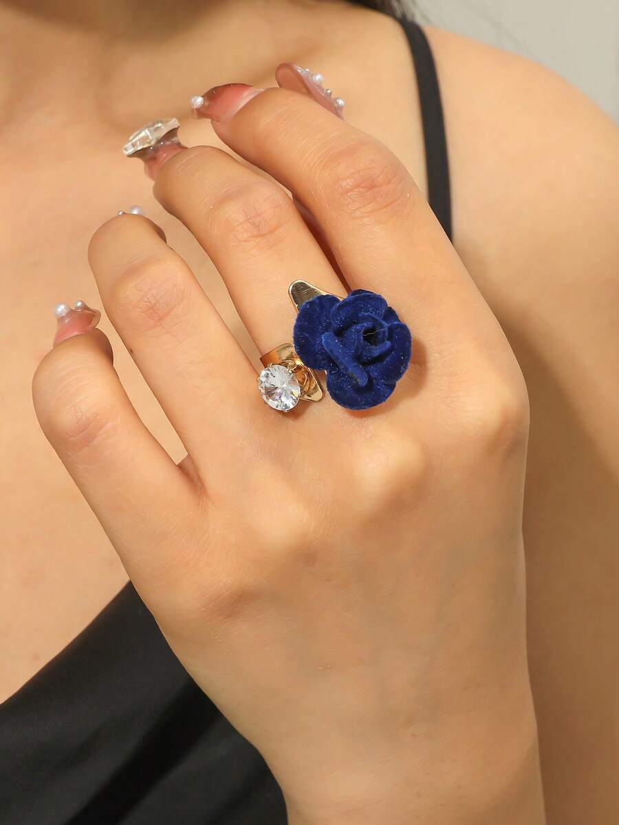 1 pieza Anillo de flor con rhinestones, ajustable, adecuado para fiestas y banquetes