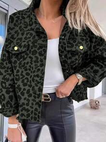 Chaqueta de mujer con estampado de leopardo de moda, otoño - Verde militar - Ver 3