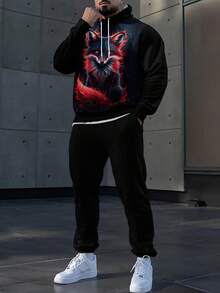 2-Piece Set, Pullover Hoodie Paired With Casual Sports Long Pants, Featuring A Red Flashy Fox Digital Print Design Long-Sleeve Top Paired With Solid Color Casual Sports Long Pants, Regular Fit Street Fashion Wear. Made From High-Quality Soft Fabric That Is Wrinkle-Resistant And Easy To Care For, Perfect For Casual Sports Occasions. Suitable For Father's Day, Halloween, And Christmas Outfits.