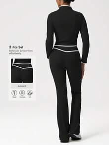 Sodalemon Women Training Gym Set Elastic Zip Up Long Sleeve Workout Jacket No Front Seam Dance Outdoor Yoga Flare Pants 2 PCS Fitness Set - Black - View 1