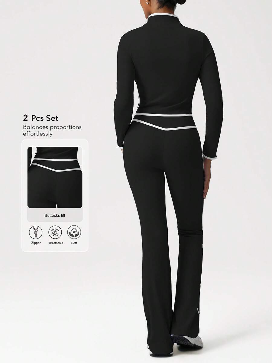 Sodalemon Women Training Gym Set Elastic Zip Up Long Sleeve Workout Jacket No Front Seam Dance Outdoor Yoga Flare Pants 2 PCS Fitness Set - Black - View 1