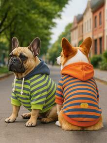 1 件基本款条纹宠物连帽衫，带精致皮革标签，适合中小型犬，柔软舒适的法国斗牛犬幼犬服装 - 橘色 - 查看 2
