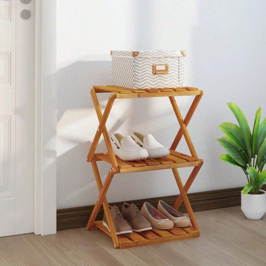 Scaffale pieghevole a 3 ripiani Larryhot Marrone 43x31x63 cm Legno di acacia, robusto e durevole, facile da montare, stile decorativo, adatto per riporre soprammobili, statuette, libri, piccoli oggetti, ecc. - Castano - Visualizzare 1