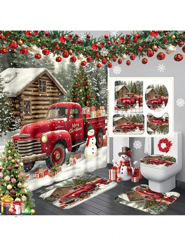 1pc/4pcs Vintage Red Truck & Christmas Tree Shower Curtain Set, Printed Shower Curtain With 12 Hooks, Bathroom Non-Slip Mat, U-Shaped Rug, And Round Toilet Seat Cover, Bathroom Set For All Occasions
