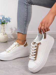 Women's Solid Color Thick Sole Preppy Style Casual Sneakers, Spring/Summer, With Detachable Shoelace Buckle Perfume Bottle Decor - LA279 GOLD - View 3