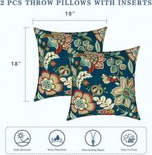 Outdoor/Indoor Throw Pillows, 18x18 Square Pillows With Inserts Bed, Couch, Sofa & Patio Furniture (Set Of 2, Monstera Blue), Decorative Pillows - Peacock Blue - 查看 3