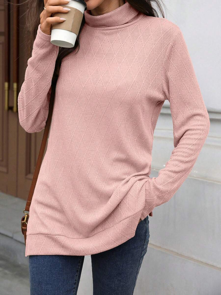 Womens Knit Tops Fall Long Sleeve Turtleneck Solid Color Slit Hem Casual Pullover Sweater - Pink - View 1
