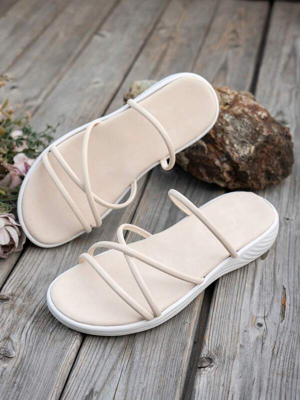 Women's Popular Semi-Circle Striped Fashion Simple Slip-On Outdoor Solid Color Fresh Flat Sandals