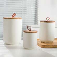 3-Piece Ceramic Kitchen Canister Set With Wooden Lids, Airtight Food Storage Containers For Countertop Organization, Pantry Jar For Coffee, Flour, Sugar, Cereal, Spices - White - View 3