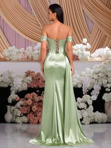 ADYCE 露肩镂空正式礼服，镶钻高腰长款喇叭露背挂脖连衣裙，配系带腰带，适合派对、宴会、庆典等场合。 - 綠色 - 查看 2