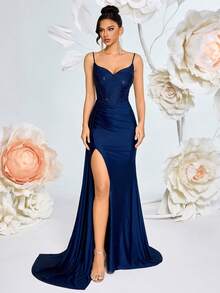 Spaghetti Strap V-Neck Rhinestone Ruched Dress With Side Slit And Backless Lace-Up Design, Suitable For Gala, Party, Formal Occasions - Navy Blue - View 3