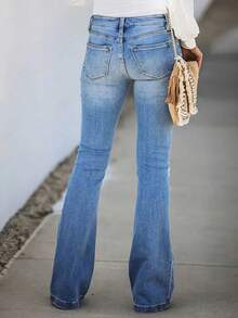 Women's Flared Denim Pants - Mid-Rise Stretch Bootcut Design, Classic Wash, Practical Pockets, Button & Zip Closure, Versatile Casual Style - 淺色水洗藍 - 查看 3