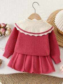 2pcs Girls Knitted Cardigan Sweater & Skirt Set, Warm Outfit For Autumn/Winter, Birthday Gift - Hot Pink - View 2