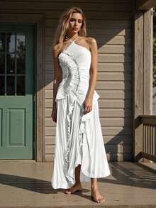 Women's Ruffle Halter Dress Sleeveless Solid Color Long Flowy Dress Summer A-Line Dress - Ngà voi - Xem 2