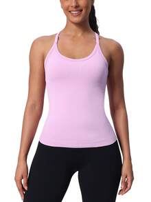 Workout Tank Tops For Women Built In Shelf Bras Padded -Racerback Athletic Tank Tops Ribbed Yoga Shirts - tử đinh hương - Xem 1