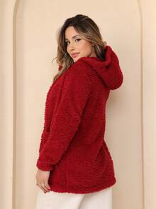 Plush Coat Teddy Blouse With Hood And Pocket - 紅色 - 查看 4
