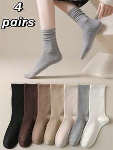 4 Pairs Women's Seamless Elastic Calf High Socks, Casual Everyday Wear, Spring/Autumn