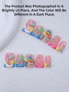 10pcs Handmade Y2K Nails Chic Duckbill Press On Nails Set - Handcrafted, Pink Nails, Blue And White French Tip Nails, Hand Drawn Blue And Pink Zebra Stripe, Exquisite Lovely Nails, Decorated With Silver Butterfly, Kitten, Rhinestones, Lollipop, Star, White Pearl, Yellow And Pink Little Flower Elements Design