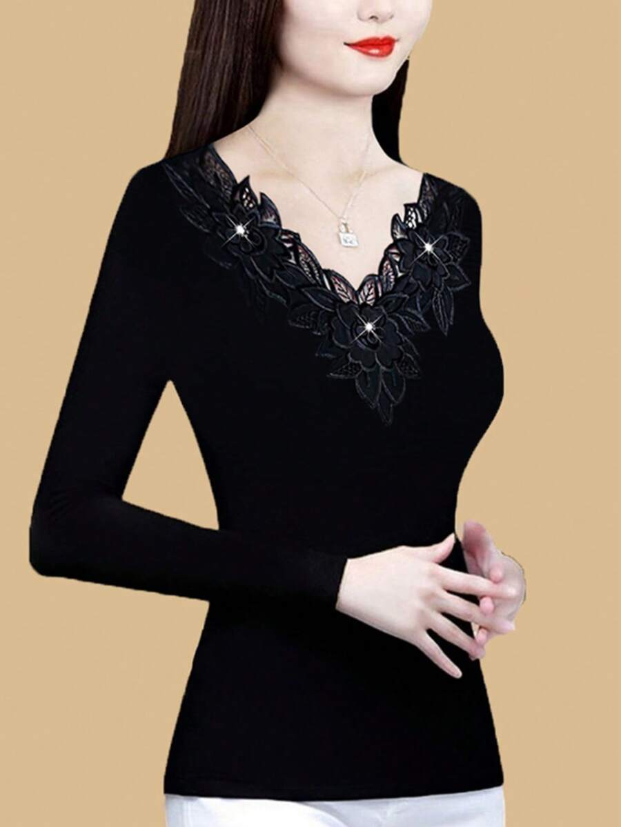 Contrast Lace V-Neck Long Sleeve Lace Trim Loose Fit Top, Flattering & Versatile - Black - View 1