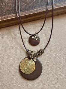 1pc Vintage Long Feather Star Necklace, Double-Layer Bowknot Sweater Chain (1-2 Black Beads Random)