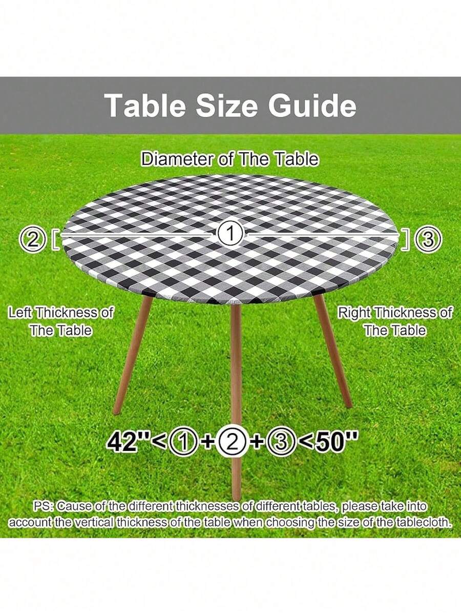Smiry Round Picnic Table Cloth, Elastic Waterproof Fitted Vinyl Tablecloth 36-44 Tables, Flannel Backed Buffalo Plaid Table Covers Dining, Camping, Outdoor, Black And White Summer Birthday Gifts Wedding Beach Back To School School Supplies Room Decor