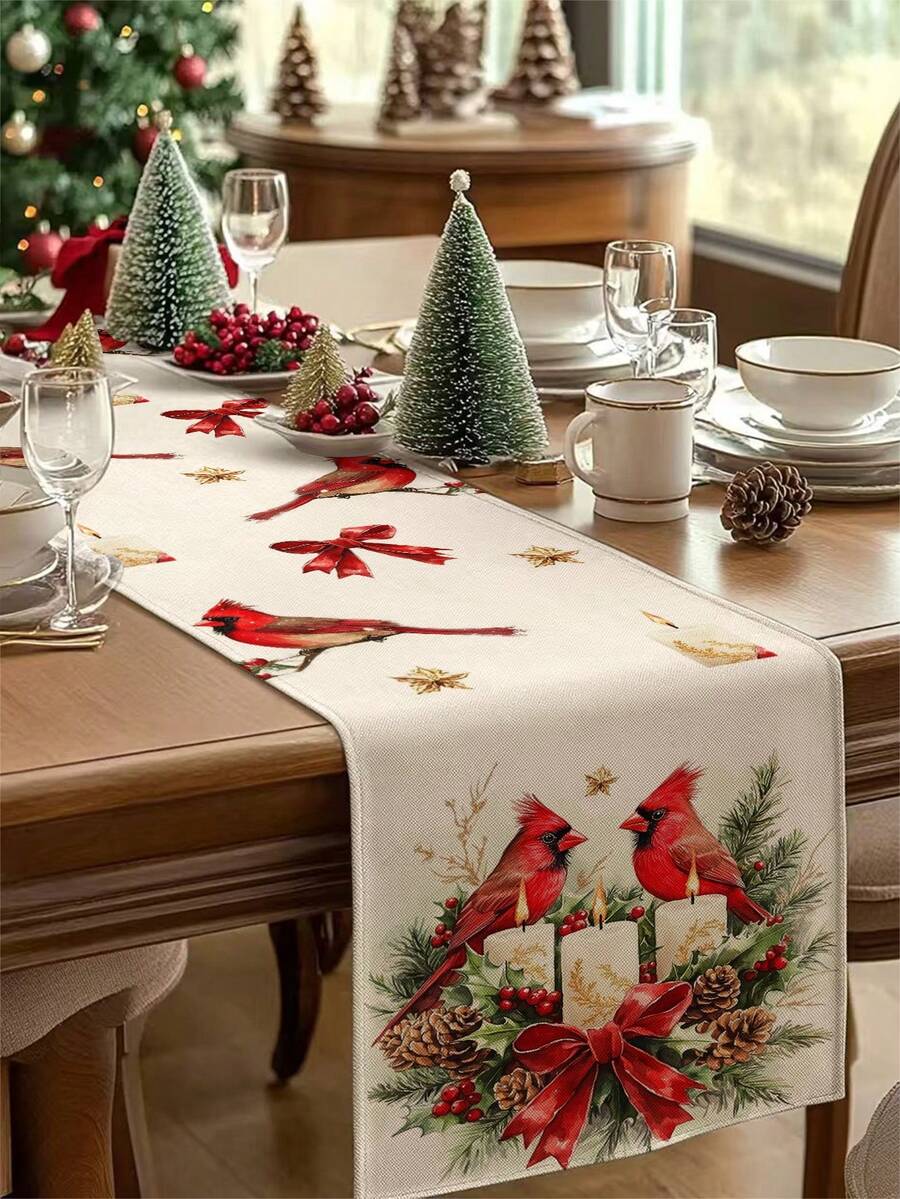 1pc Christmas Bird Table Runner, Christmas Decorative Table Runner, Christmas Linen-Like Table Runner, Table Runner, Table Runner, 1pc Table Runner, 4pcs Placemats, 1pc Pillow Cover, 3 Products Available, Seasonal Home Decor Indoor & Outdoor For Winter, Christmas Party, Christmas Room Decor - Multicolor - View 1