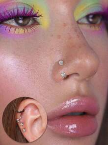 18G 2pcs Horseshoe Nose Studs, Incl. 1pc Taper Cone Ball Nose Stud, Stainless Steel Cubic Zirconia Nose Rings In White & Pink, Heart & Star Cubic Zirconia Lip/Eyebrow/Ear Studs, Unisex Gift