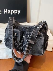New Casual Chic Soft Jeans Multi-Layer Crossbody Bag With Multiple Pockets, Versatile Commuter Large Capacity Women's Shoulder Bag, Suitable For Work Commuting, Shopping And Traveling. - Black - View 2