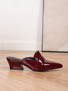 Four Seasons Fashion Pointed Toe Versatile Deep Cut Decor Mule Heel Shoes, Chunky Heel Open Back, Elegant Style Comfortable Evening, Party, Office Burgundy Glossy Women's High Heel Pumps - Burgundy - View 6