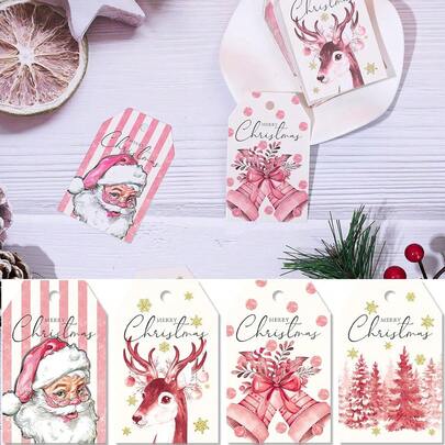 Etiquetas de presente de papel rosa para Natal, aquarela, floresta, alce, sino, etiquetas de Papai Noel, feliz Natal, etiquetas penduradas para presente, etiquetas de presente para Natal, inverno, faça você mesmo, decoração de festa, 4 designs