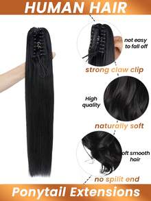 爪夹马尾接发直发人发夹马尾波浪接发雷米头发自然色女士马尾假发 - Natural Black - 查看 2