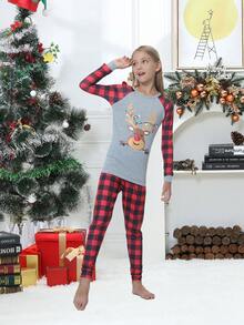 Girls Gingham Raglan Sleeve Christmas Print 1 Top & 1 Trousers PJ Set - Multicolor - View 4