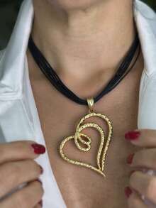 1Pc Asymmetrical Matte Gold Heart Pendant With Black Cord, Minimalist Style, For Daily Wear & Casual Outfits