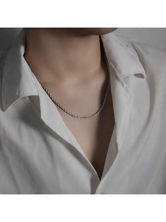 1pc Minimalist Fashionable Versatile Stainless Steel Twist Chain Necklace, Suitable For Men And Women Daily Wear