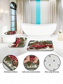1 pièce/4 pièces Ensemble de rideaux de douche avec camion rouge vintage et sapin de Noël, rideau de douche imprimé avec 12 crochets, tapis de bain antidérapant, tapis en U et housse de siège de toilette ronde, ensemble de salle de bain pour toutes les occasions