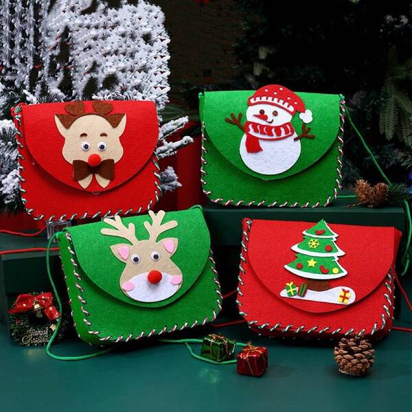1pc Christmas DIY Kids Handmade Sewing Fun Crossbody Bag - Christmas Tree & Snowman Knitted Painting Craft Kit - Shoulder Bag Educational DIY Toy - Birthday/Halloween/Christmas Gift