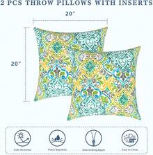 Outdoor/Indoor Throw Pillows, 18x18 Square Pillows With Inserts Bed, Couch, Sofa & Patio Furniture (Set Of 2, Monstera Blue), Decorative Pillows - 錦緞綠 - 查看 3