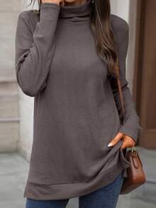 Womens Knit Tops Fall Long Sleeve Turtleneck Solid Color Slit Hem Casual Pullover Sweater - Coffee Brown - View 2
