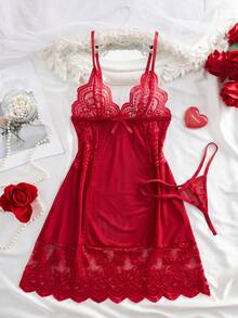 2 chiếc/Bộ đồ ngủ ren khoét sâu gợi cảm cho nữ, thích hợp mặc ở nhà và hẹn hò lãng mạn - Màu Đỏ Sâu - Xem 8