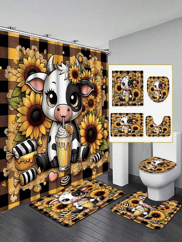 1/4 pièces Ensemble de salle de bain complet créatif avec imprimé floral de tournesol et vache, comprenant un tapis de bain antidérapant, un tapis en U, un tapis de toilette, un rideau de douche avec 12 crochets portables, décoration et accessoires de salle de bain, convenant à tous les styles