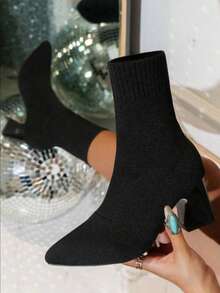 Women's Classic Black Pointed Toe Thick High Heel Ankle Boots, Fashionable, Versatile, Elegant, Ladder Design, Non-Slip Sole, Suitable For Halloween, Wedding, Holiday Season, Autumn/Winter - 黑色 - 查看 11