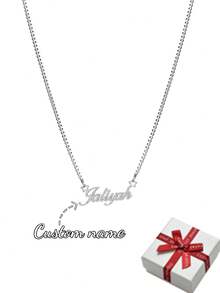 Custom Shiny Matte Name Necklace With Box Chain; Personalized Charming Sandblasted English Letter Name Necklace With Star Coil; Stainless Steel Creative Handmade Minimalist Cursive Letter Name Pendant, Suitable For Family Holiday Wear; Her Favorite Birthday Gift, Valentine's Day Gift, Christmas Gift, Mother's Day Gift. - Silver - View 21