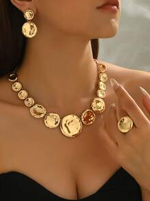 2pcs/Set Autumn/Winter Geometric Asymmetrical Circle Glossy Uneven Metallic Splice Bib Necklace, Earrings, Ring Elegant Jewelry Set, Metallic Style Jewelry Set For Women - Yellow Gold - View 4
