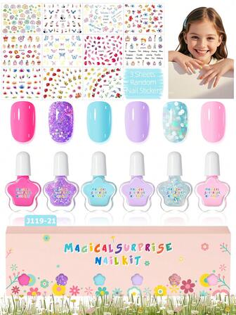 9pcs (6pcs Nail Polish + 3pcs Random Nail Stickers) Children's Manicure Salon Set, Shimmery Macaron Solid Water-Based Peel-Off Nail Polish, Cute Floral & Butterfly Nail Stickers, Suitable For Girls, Children, DIY Nail Art, School Activities, Birthday Gifts