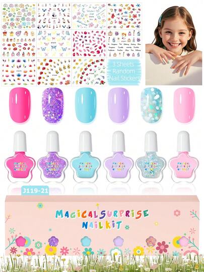 9pcs (6pcs Nail Polish + 3pcs Random Nail Stickers) Children's Manicure Salon Set, Shimmery Macaron Solid Water-Based Peel-Off Nail Polish, Cute Floral & Butterfly Nail Stickers, Suitable For Girls, Children, DIY Nail Art, School Activities, Birthday Gifts
