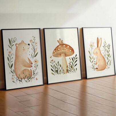 1幅帆布墙画，带框婴儿房装饰画，北欧森林主题婴儿房装饰画，数码印刷，男女通用设计，图案包含熊、兔子和蘑菇，波西米亚风幼儿园装饰画，儿童房装饰画