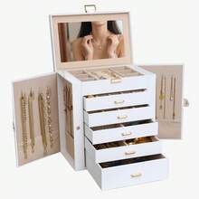 BOOVO 6-Layer Large Capacity Jewelry Box For Women, Dual-Door Design With Necklace Hooks And Makeup Mirror, Soft Velvet Lining, Durable Faux Leather Material For Jewelry Organization And Storage - Multicolor - View 7