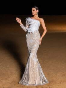 Faeriesty Glamour Luxury One-Shoulder Mermaid Evening Gown With Sequin, Sequins Accents – Geometric Patterns, Slim-Fit Fish-Tail Silhouette For Weddings, Red-Carpet Events, Evening Galas & Luxurious Dinners - Apricot - View 11